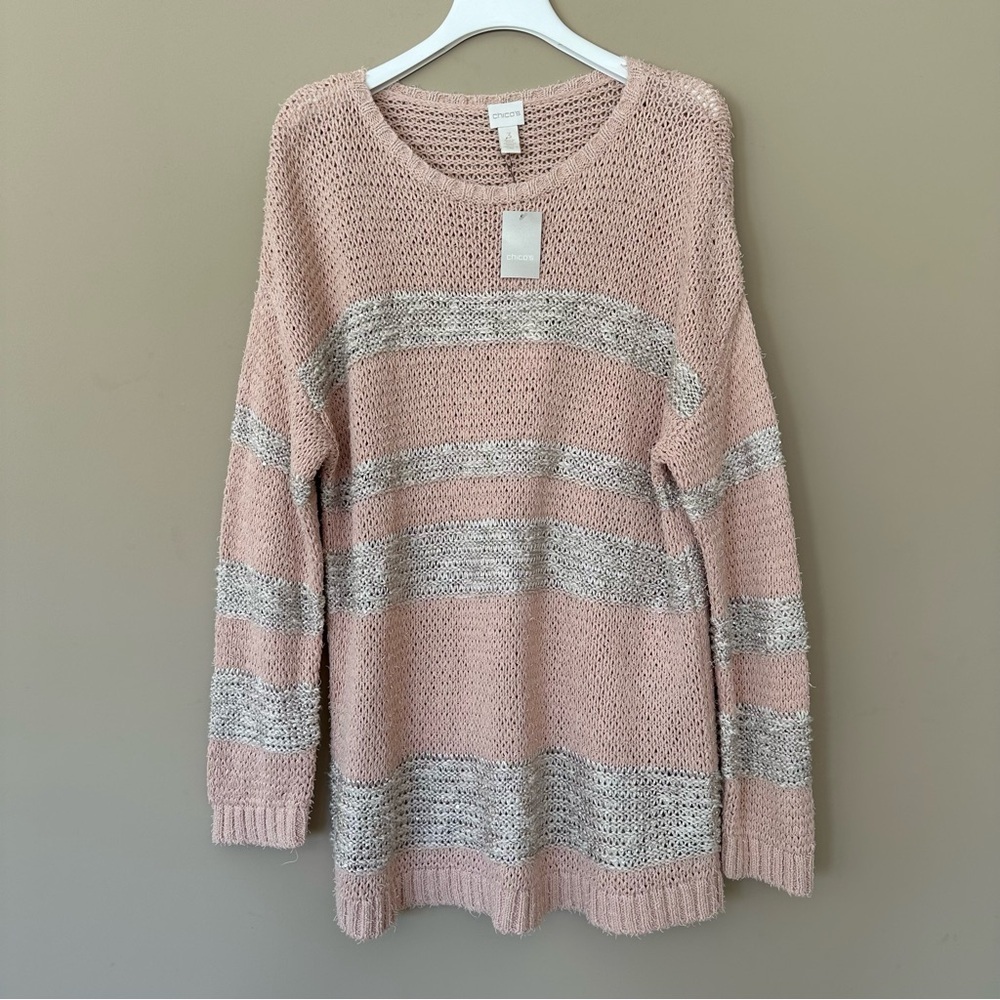 Chico’s Large (3) Pink Sweater Marley Sparkle Stripe Pullover Tunic Length Fall - Picture 1 of 9
